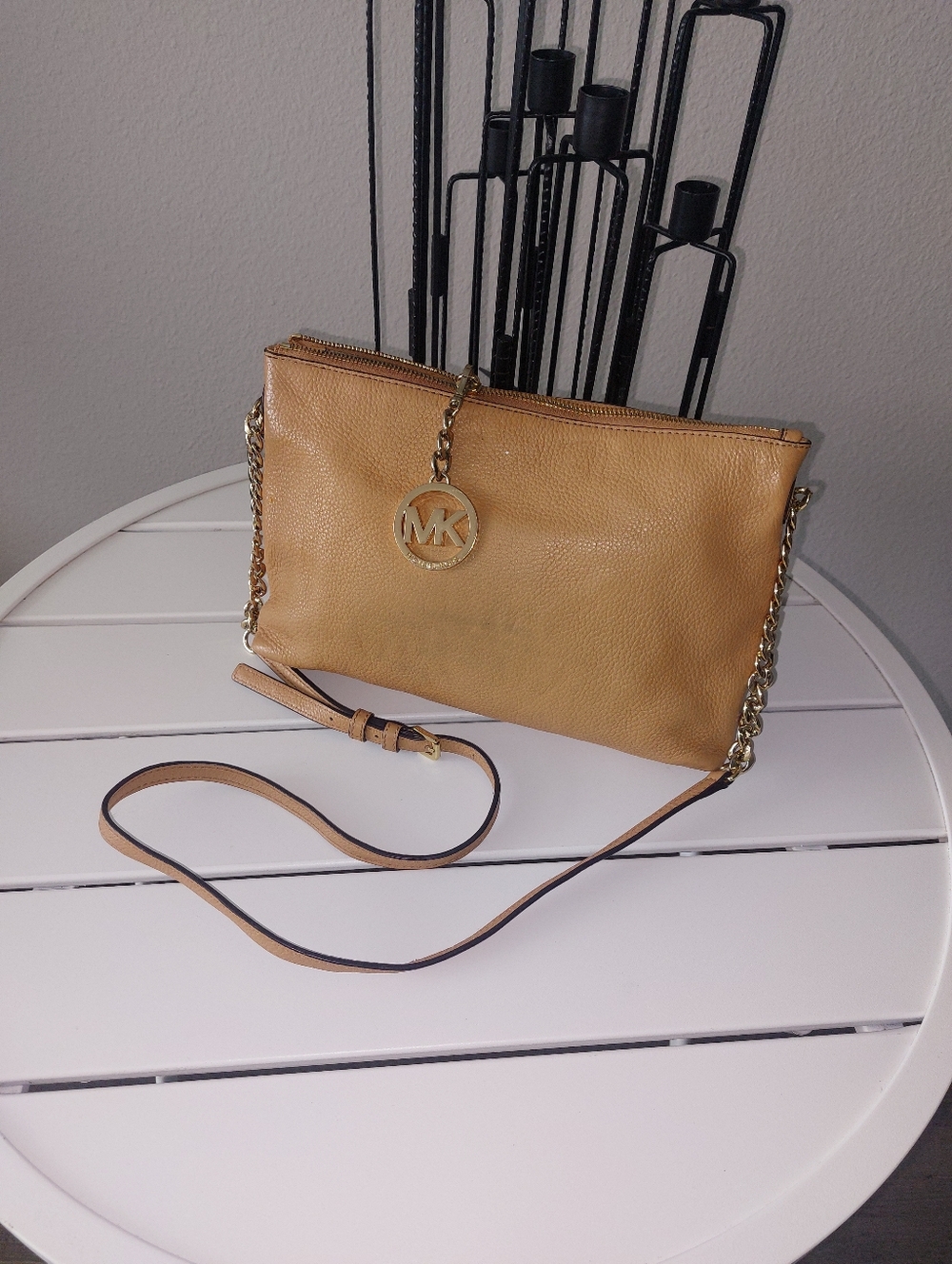 "Michael Kors" Camel Leather Crossbody with Gold MK Charm